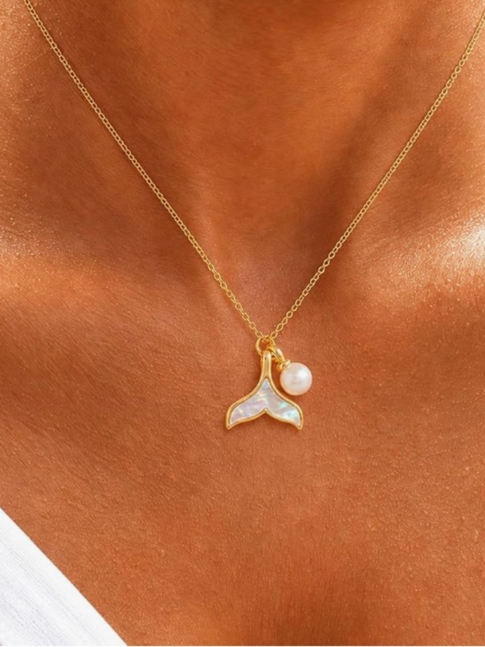 14K Gold Plated Mermaid Tail Pendant Necklace with Freshwater Pearl